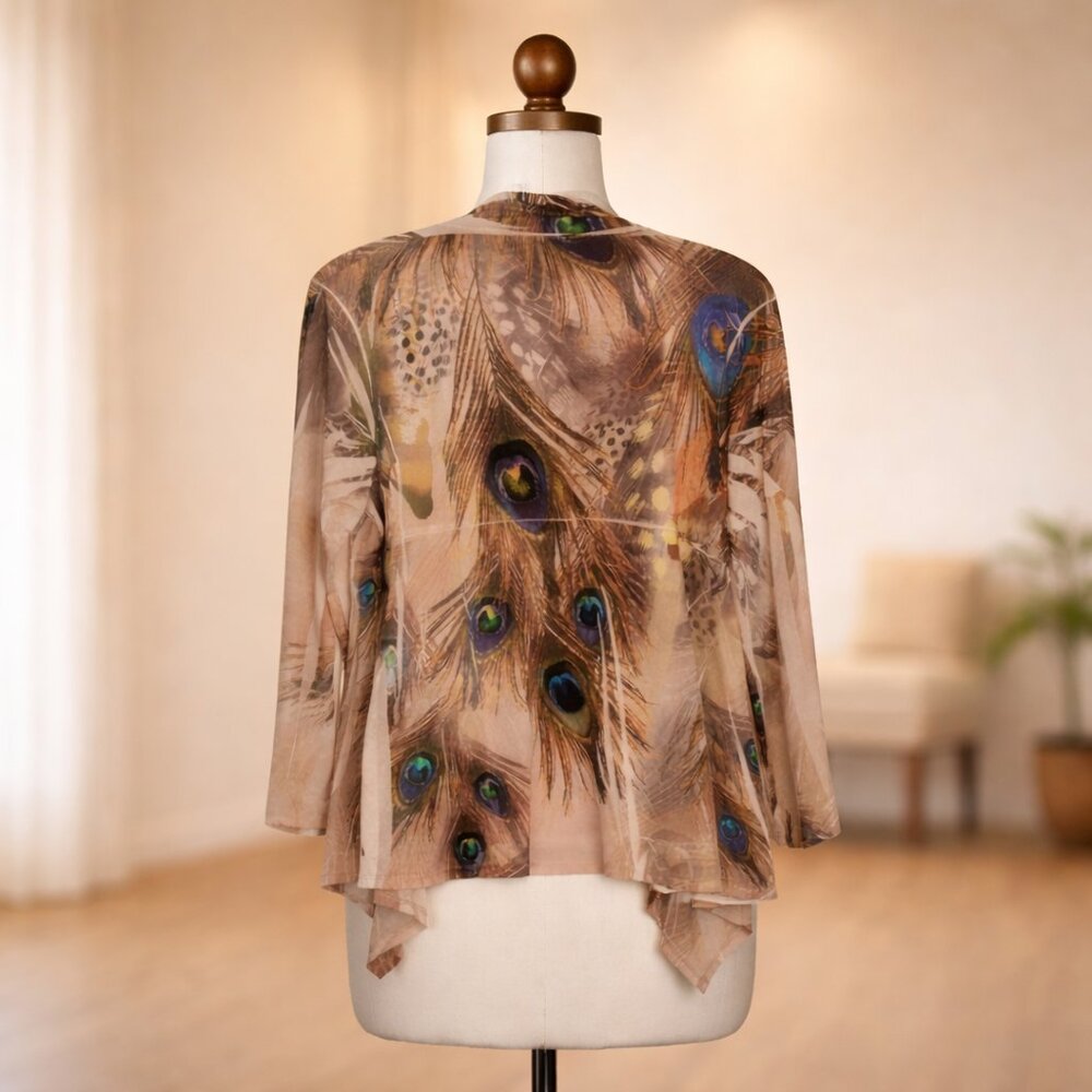 Jostar Peacock Feather Print Jacket • Open Front Draped Side • Rhinestone Detail - Picture 2 of 6